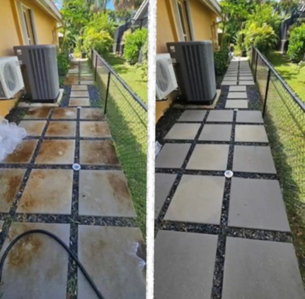 before and after of sidewalk pressure washing in east Orlando